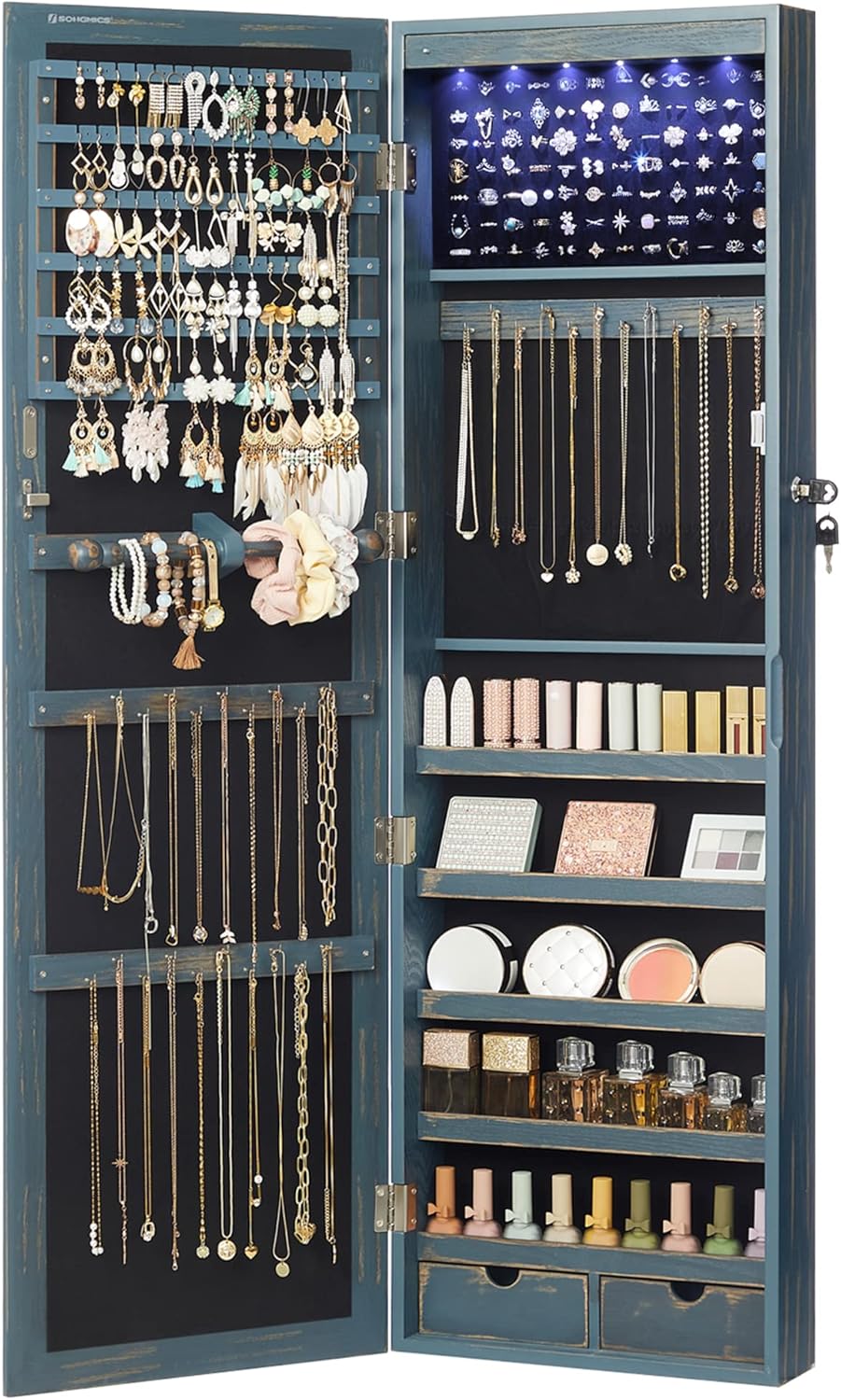 SONGMICS 6 LEDs Mirror Jewelry Cabinet, 47.2-Inch Tall Lockable Wall or Door Mounted Jewelry Armoire Organizer with Mirror, 2 Drawers, Christmas Gifts,3.9 x 14.6 x 47.2 Inches, White UJJC93W - Grand Goldman