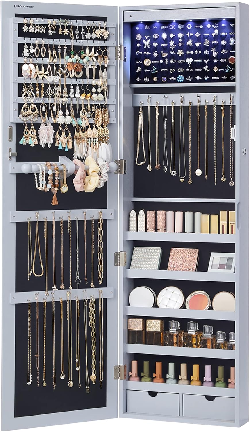 SONGMICS 6 LEDs Mirror Jewelry Cabinet, 47.2-Inch Tall Lockable Wall or Door Mounted Jewelry Armoire Organizer with Mirror, 2 Drawers, Christmas Gifts,3.9 x 14.6 x 47.2 Inches, White UJJC93W - Grand Goldman