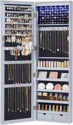 SONGMICS 6 LEDs Mirror Jewelry Cabinet, 47.2-Inch Tall Lockable Wall or Door Mounted Jewelry Armoire Organizer with Mirror, 2 Drawers, Christmas Gifts,3.9 x 14.6 x 47.2 Inches, White UJJC93W - Grand Goldman