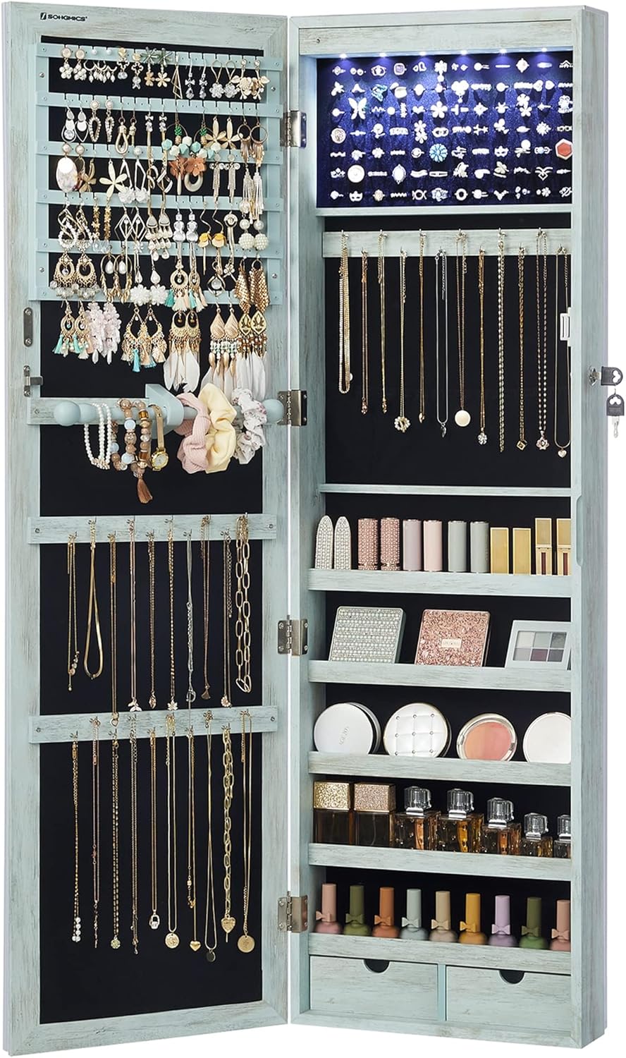 SONGMICS 6 LEDs Mirror Jewelry Cabinet, 47.2-Inch Tall Lockable Wall or Door Mounted Jewelry Armoire Organizer with Mirror, 2 Drawers, Christmas Gifts,3.9 x 14.6 x 47.2 Inches, White UJJC93W - Grand Goldman