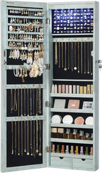 SONGMICS 6 LEDs Mirror Jewelry Cabinet, 47.2-Inch Tall Lockable Wall or Door Mounted Jewelry Armoire Organizer with Mirror, 2 Drawers, Christmas Gifts,3.9 x 14.6 x 47.2 Inches, White UJJC93W - Grand Goldman