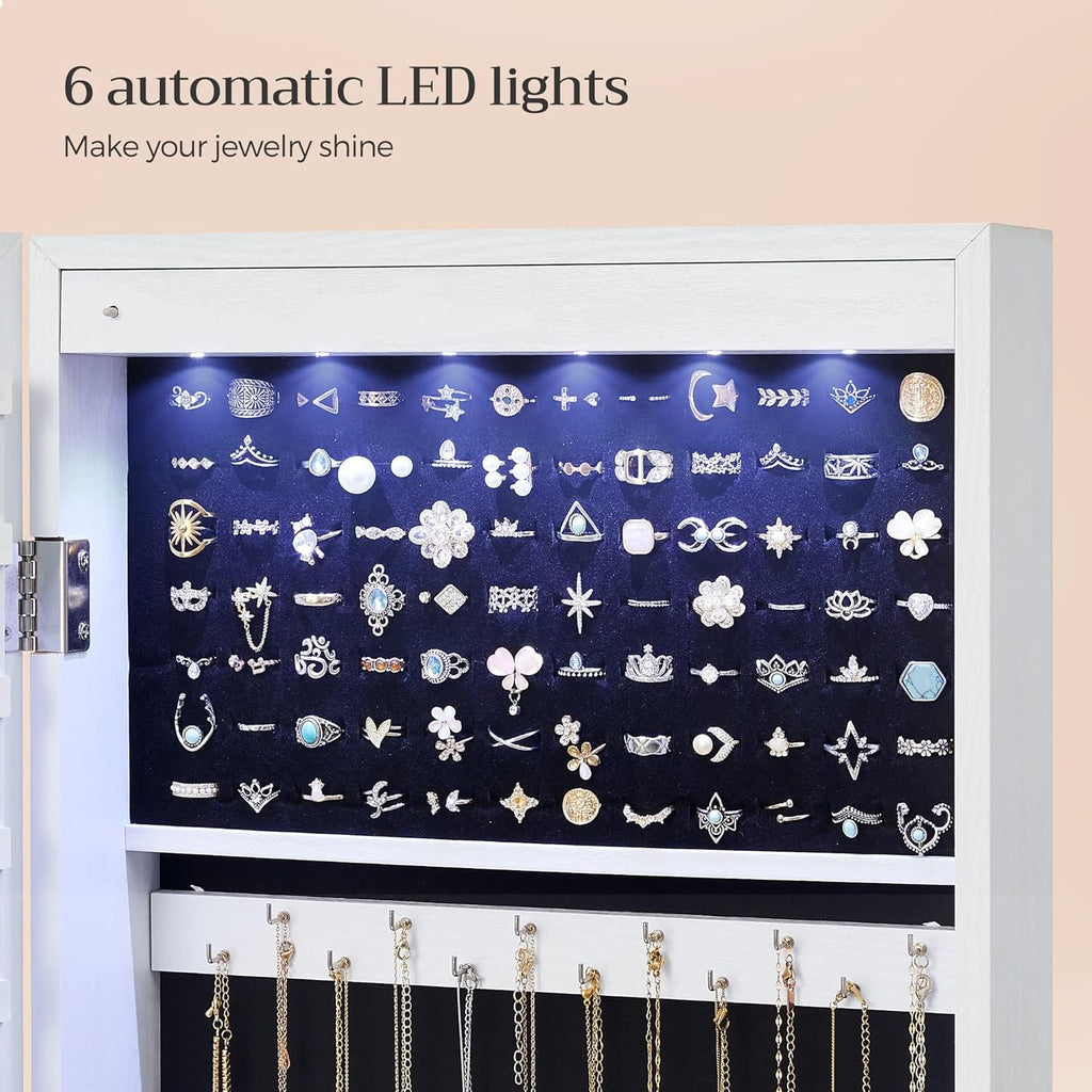 SONGMICS 6 LEDs Mirror Jewelry Cabinet, 47.2-Inch Tall Lockable Wall or Door Mounted Jewelry Armoire Organizer with Mirror, 2 Drawers, Christmas Gifts,3.9 x 14.6 x 47.2 Inches, White UJJC93W - Grand Goldman