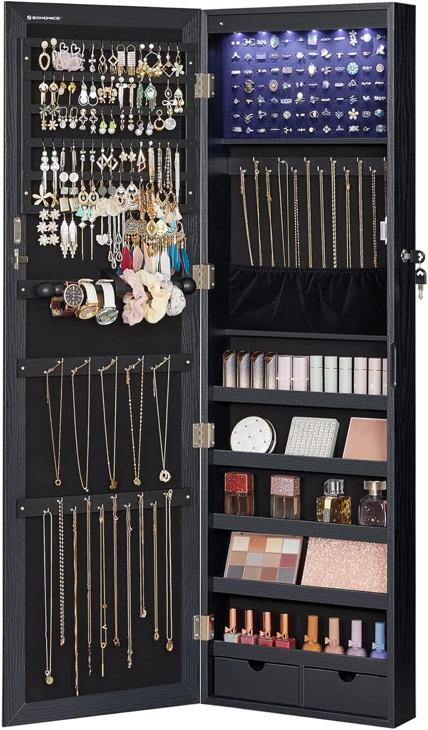 SONGMICS 6 LEDs Mirror Jewelry Cabinet, 47.2-Inch Tall Lockable Wall or Door Mounted Jewelry Armoire Organizer with Mirror, 2 Drawers, Christmas Gifts,3.9 x 14.6 x 47.2 Inches, White UJJC93W - Grand Goldman