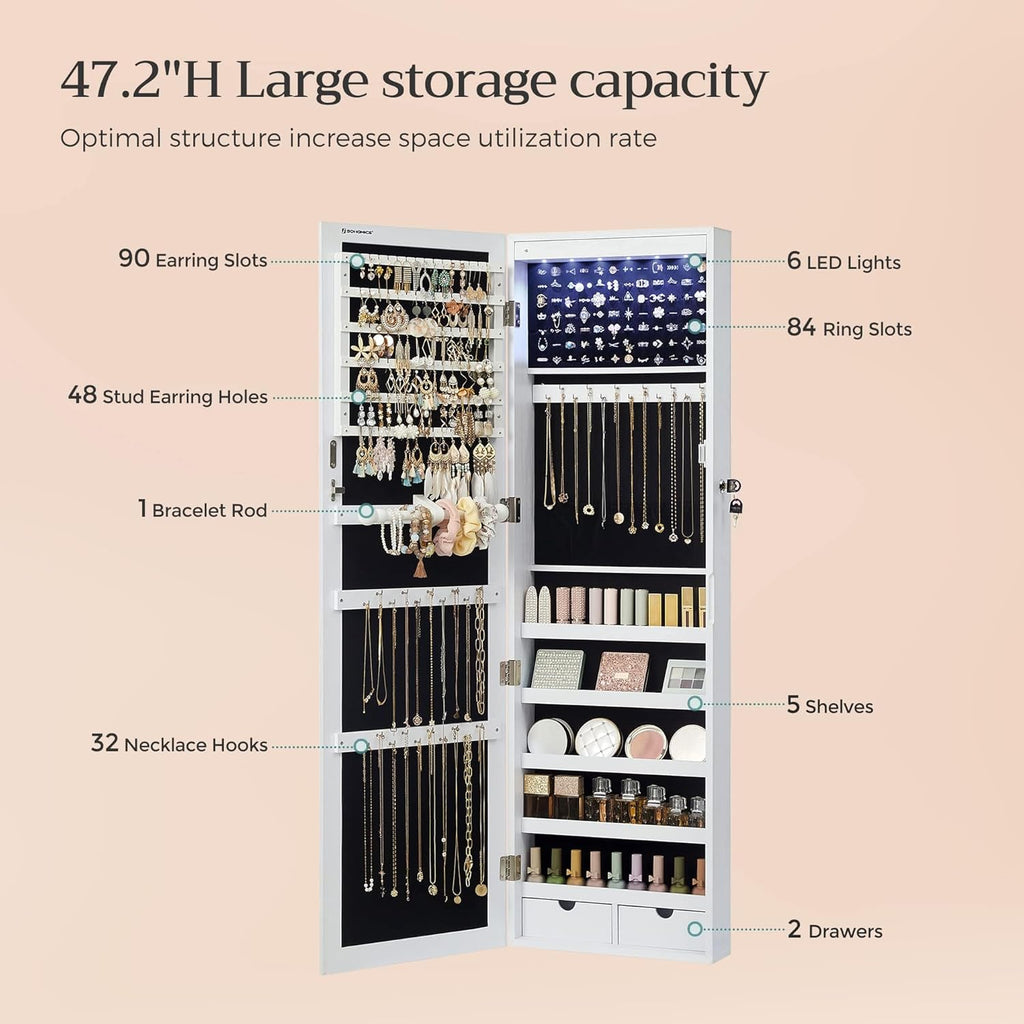 SONGMICS 6 LEDs Mirror Jewelry Cabinet, 47.2-Inch Tall Lockable Wall or Door Mounted Jewelry Armoire Organizer with Mirror, 2 Drawers, Christmas Gifts,3.9 x 14.6 x 47.2 Inches, White UJJC93W - Grand Goldman