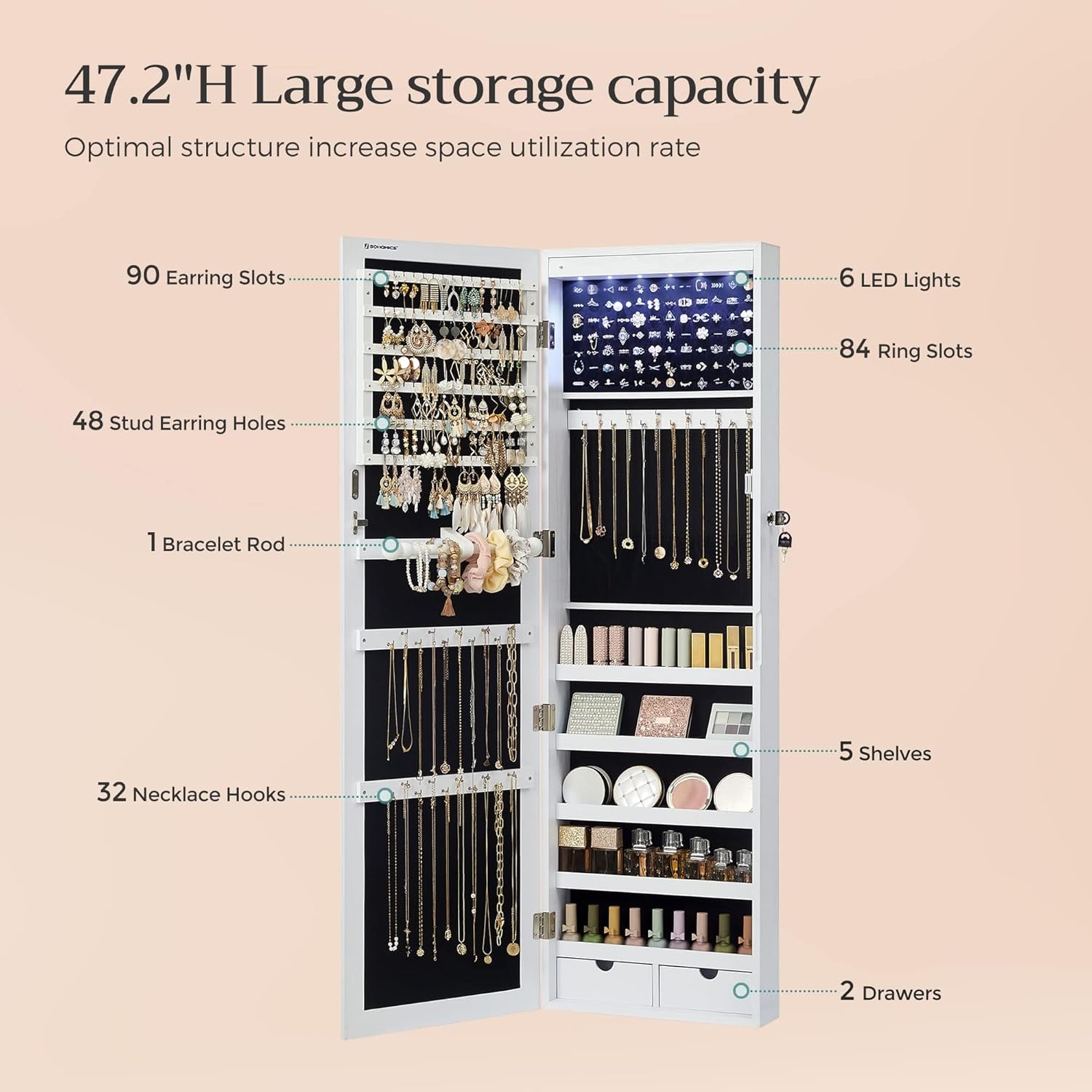 SONGMICS 6 LEDs Mirror Jewelry Cabinet, 47.2-Inch Tall Lockable Wall or Door Mounted Jewelry Armoire Organizer with Mirror, 2 Drawers, Christmas Gifts,3.9 x 14.6 x 47.2 Inches, White UJJC93W - Grand Goldman
