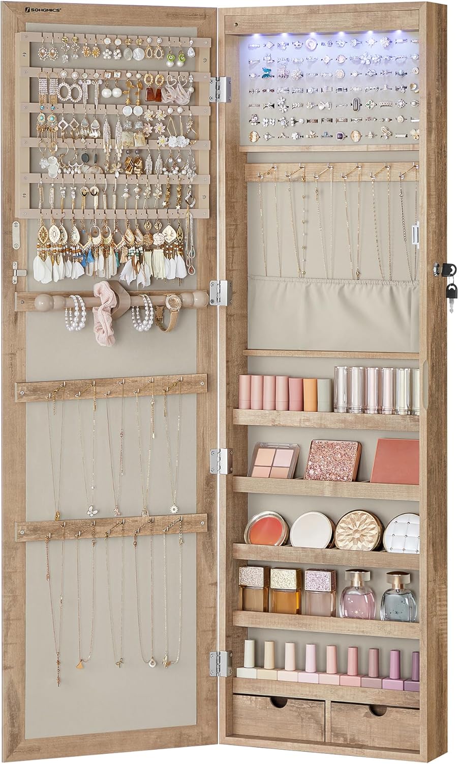 SONGMICS 6 LEDs Mirror Jewelry Cabinet, 47.2-Inch Tall Lockable Wall or Door Mounted Jewelry Armoire Organizer with Mirror, 2 Drawers, Christmas Gifts,3.9 x 14.6 x 47.2 Inches, White UJJC93W - Grand Goldman