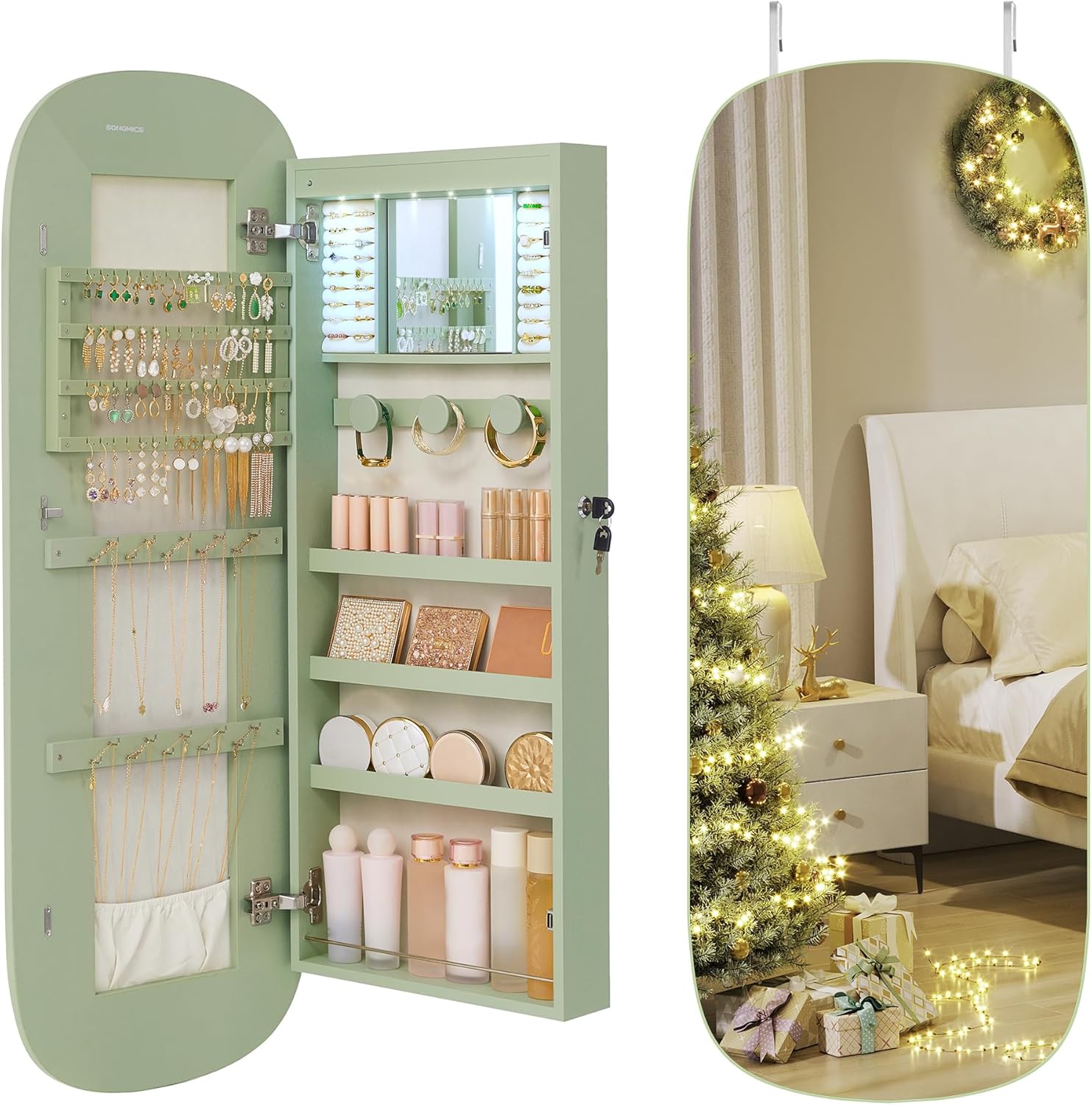 SONGMICS Jewelry Organizer, LED Jewelry Cabinet Wall or Door Mounted, Lockable Rounded Wide Mirror with Storage, Interior Mirror, Christmas Gifts, White Surface with Greige Lining - Grand Goldman