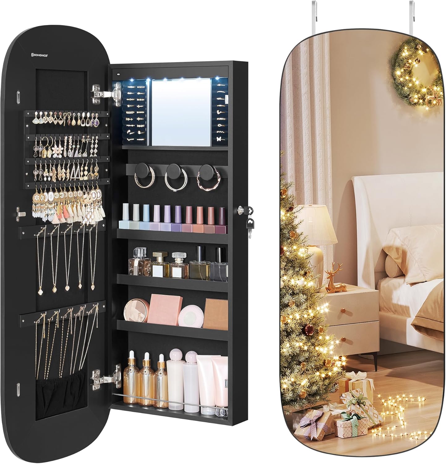SONGMICS Jewelry Organizer, LED Jewelry Cabinet Wall or Door Mounted, Lockable Rounded Wide Mirror with Storage, Interior Mirror, Christmas Gifts, White Surface with Greige Lining - Grand Goldman