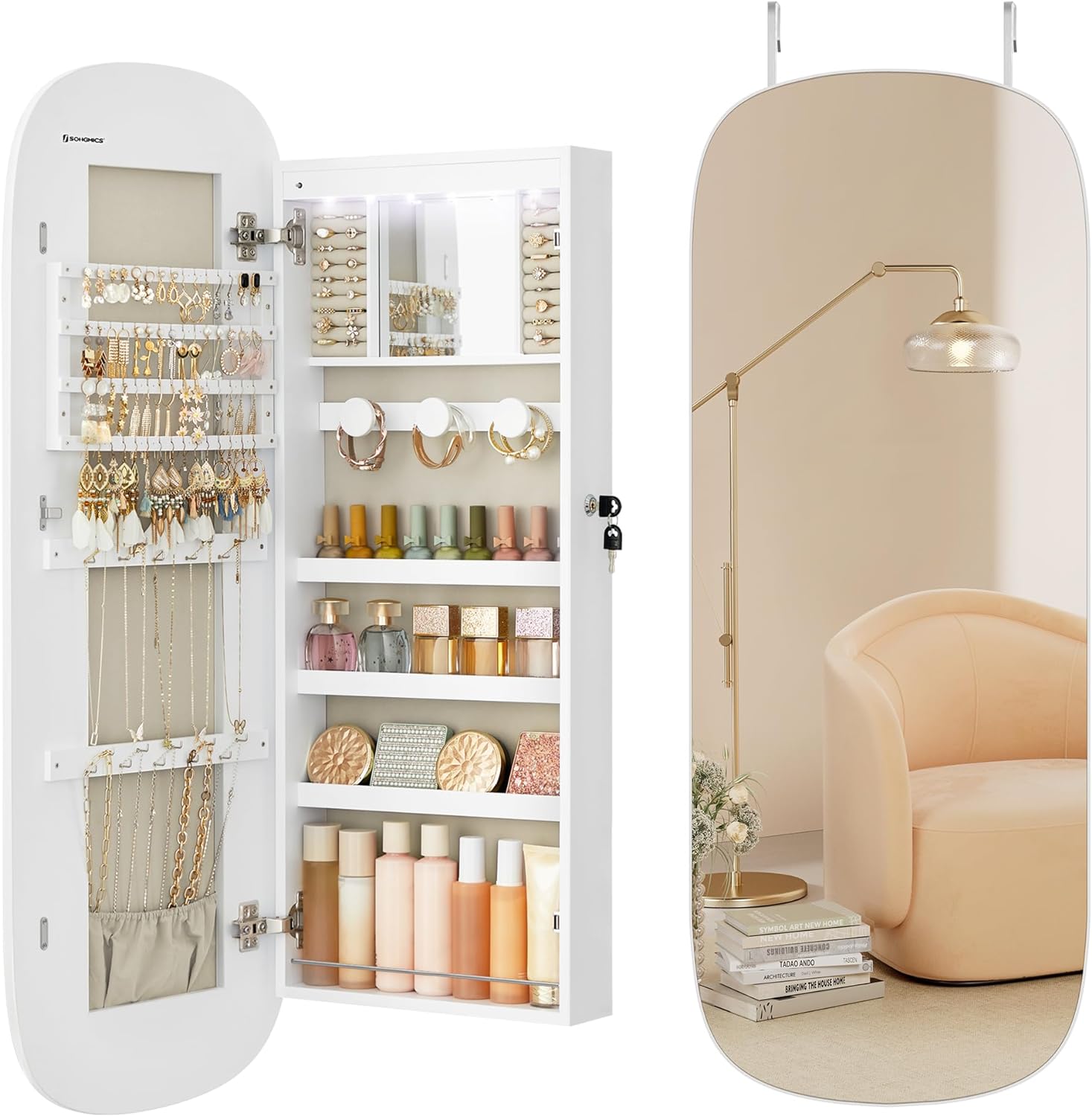 SONGMICS Jewelry Organizer, LED Jewelry Cabinet Wall or Door Mounted, Lockable Rounded Wide Mirror with Storage, Interior Mirror, Christmas Gifts, White Surface with Greige Lining - Grand Goldman