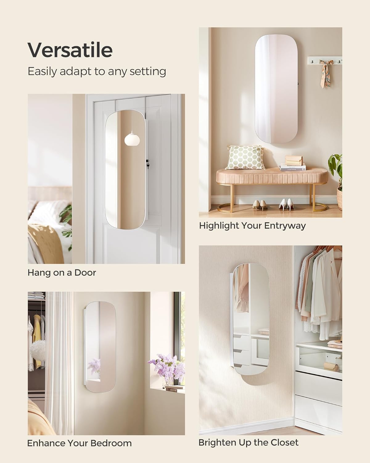 SONGMICS Jewelry Organizer, LED Jewelry Cabinet Wall or Door Mounted, Lockable Rounded Wide Mirror with Storage, Interior Mirror, Christmas Gifts, White Surface with Greige Lining - Grand Goldman