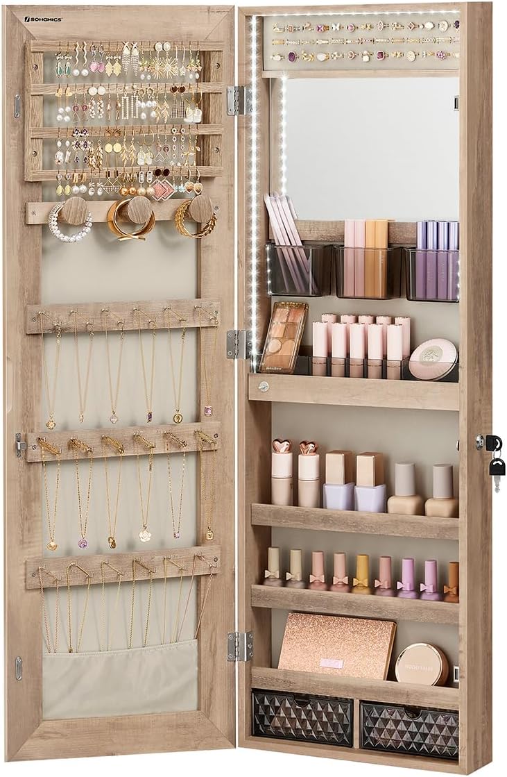 SONGMICS Mirror Jewelry Cabinet Armoire Organizer, Wall or Door Mount Storage Cabinet with Full-Length Frameless Lighted Mirror, Built-in Makeup Mirror, 2 Drawers, Christmas Gifts, White UJJC013W01 - Grand Goldman