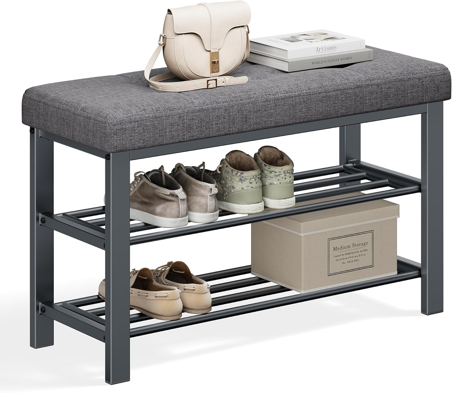 SONGMICS Shoe Bench, Storage Bench, Entryway Bench with Cushion, Shoe Shelf with Seat, Space-Saving, Modern Style, for Living Room, Bedroom, Hallway, Dark Gray and Ink Black ULBS57GYZ - Grand Goldman