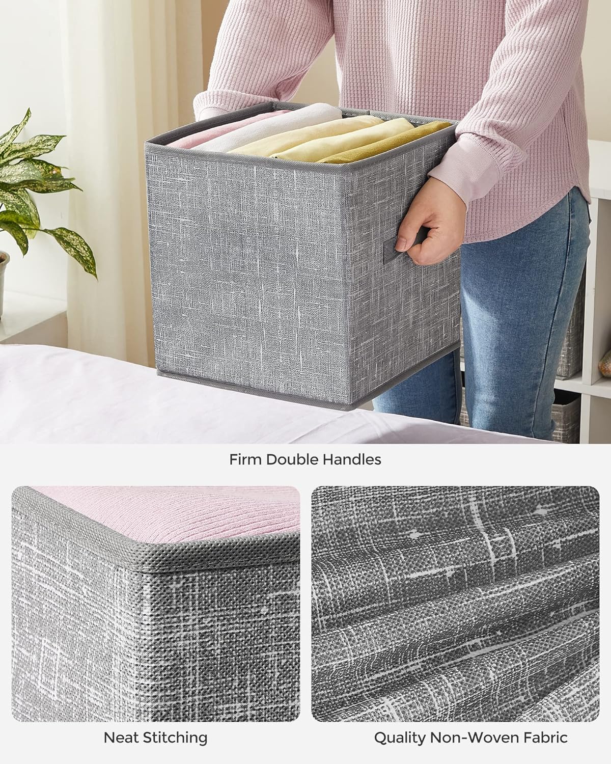 SONGMICS Storage Cubes, 11-Inch Non-Woven Fabric Bins with Double Handles, Set of 6, Closet Organizers for Shelves, Foldable, for Clothes, Cattail Gray UROB26LG - Grand Goldman