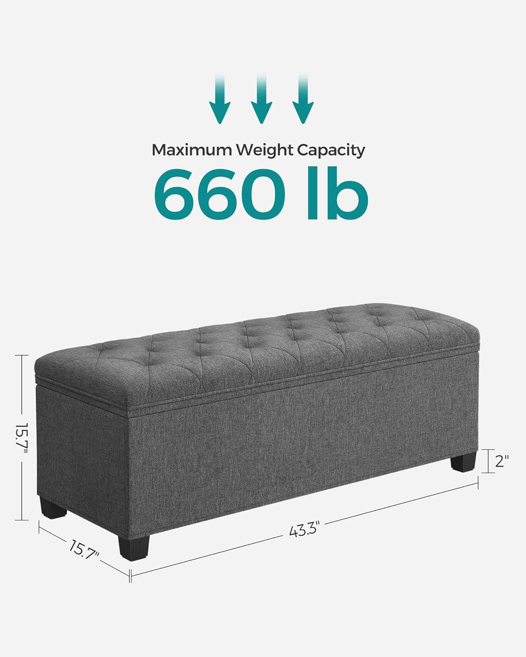 SONGMICS Storage Ottoman Bench, Foot Rest with Legs, 15.7 x 43.3 x 15.7 Inches, End of Bed Bench, Storage Chest, Load up to 660 lb, for Living Room, Bedroom, Entryway, Dark Gray ULSF088G01 - Grand Goldman