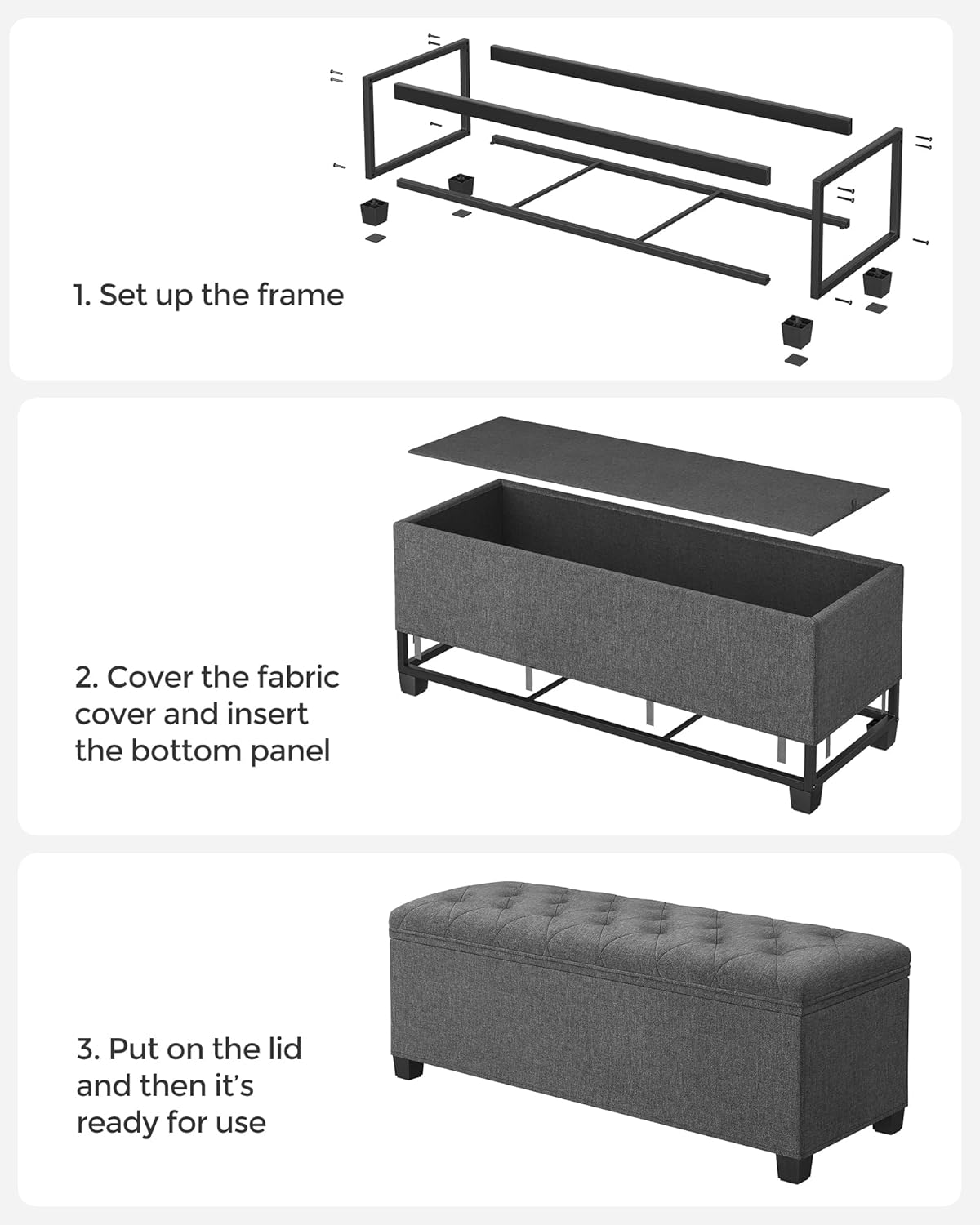 SONGMICS Storage Ottoman Bench, Foot Rest with Legs, 15.7 x 43.3 x 15.7 Inches, End of Bed Bench, Storage Chest, Load up to 660 lb, for Living Room, Bedroom, Entryway, Dark Gray ULSF088G01 - Grand Goldman