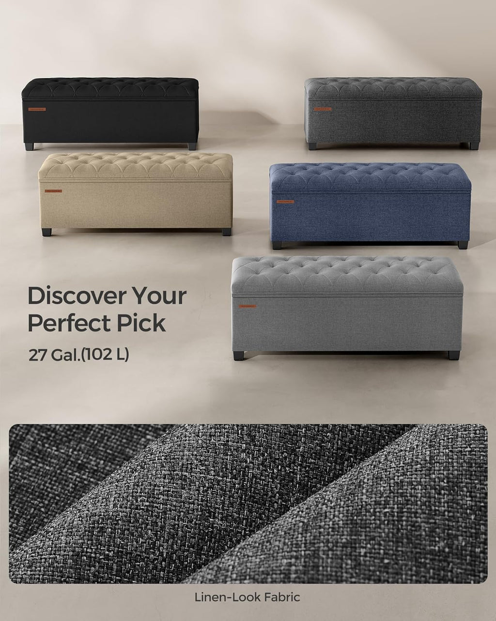 SONGMICS Storage Ottoman Bench, Foot Rest with Legs, 15.7 x 43.3 x 15.7 Inches, End of Bed Bench, Storage Chest, Load up to 660 lb, for Living Room, Bedroom, Entryway, Dark Gray ULSF088G01 - Grand Goldman