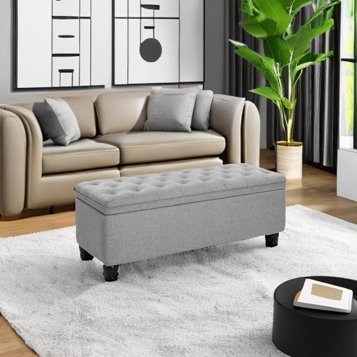 SONGMICS Storage Ottoman, Storage Bench, Tufted Entryway Bedroom Bench, 17.7 x 46.5 x 17.7 Inches, Hinges Easy Lid Operation, Wooden Legs, Linen-Look Cover, Loads 330 lb, Light Gray ULOM070G02 - Grand Goldman