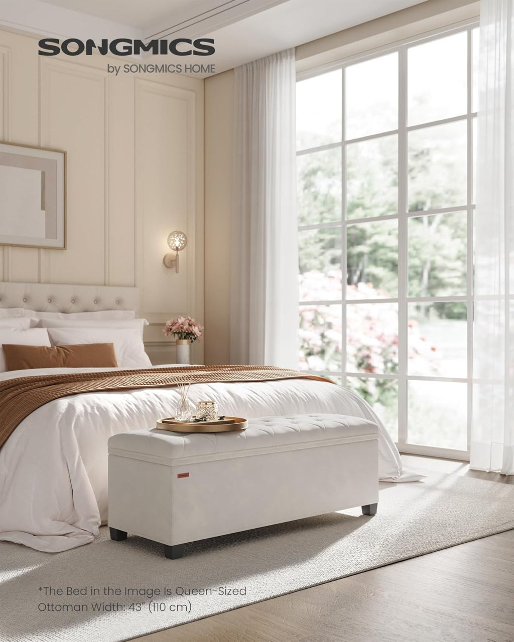 SONGMICS Velvet Storage Ottoman Bench, Foot Rest with Legs, 15.7 x 43 x 15.7 Inches, End of Bed Bench, Storage Chest, Load up to 660 lb, for Living Room, Bedroom, Entryway, Cream White ULSF089W01 - Grand Goldman