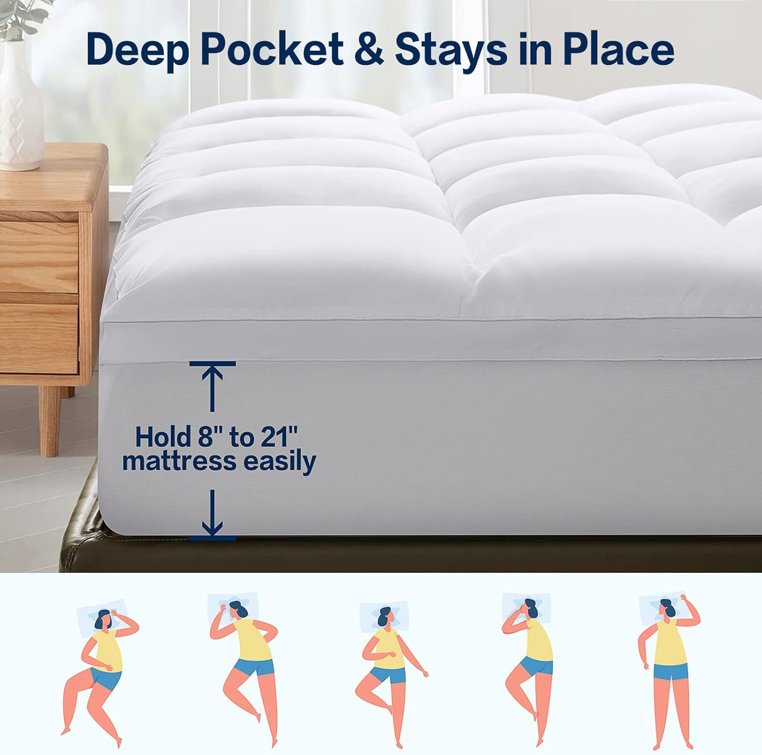 SOPAT Mattress Topper Queen Size Extra Thick Mattress Pad 8-21" Deep Pocket Soft Down Alternative Fill Mattress Protector Pillow Top Mattress Cover (60x80 Inches, White) - Grand Goldman