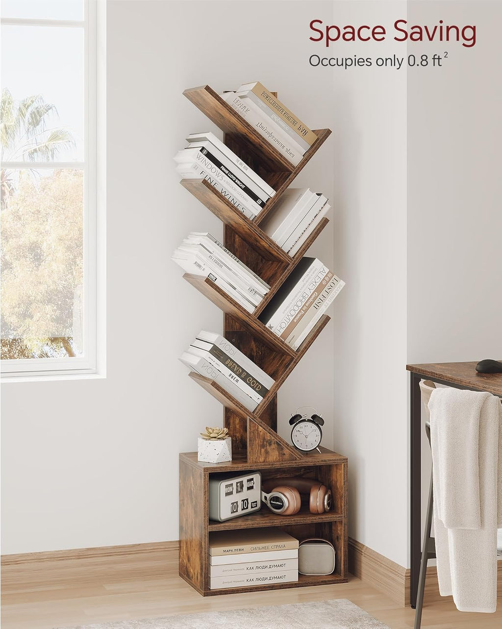 SUNMORY 6 Tier Tree Bookshelf, Small Bookcase with Storage Cabinet, Modern Tall Narrow Bookshelves Organizer, Floor Standing Book Shelf for Bedroom/Living Room/Home Office/Corner, Rustic Brown - Grand Goldman