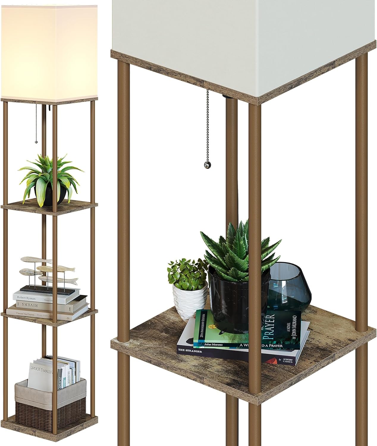 SUNMORY Floor Lamp with Shelves, Modern Square Standing Lamp with 3 Color Temperature Bulb, Corner Display Bookshelf Lamp for Living Room and Bedroom(Black) - Grand Goldman