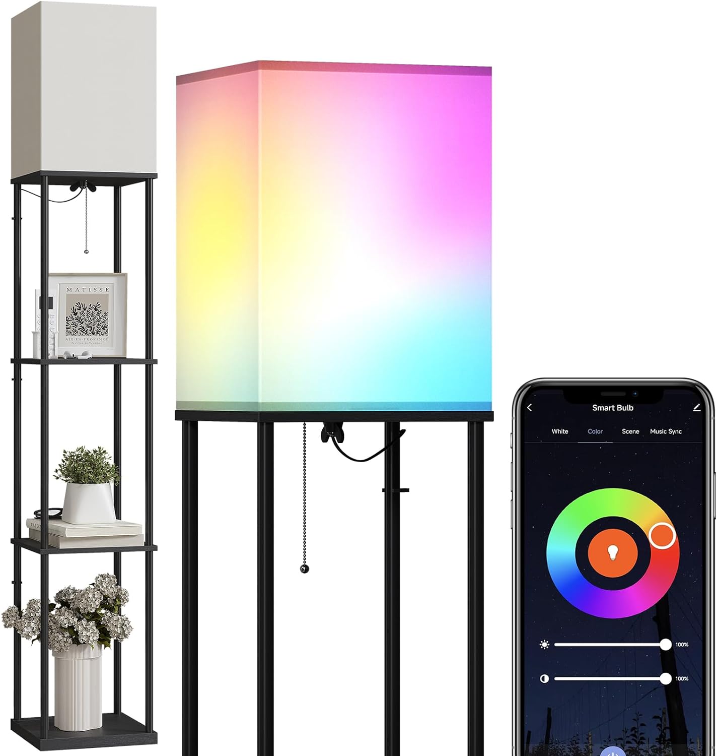 SUNMORY Floor Lamp with Shelves, Modern Square Standing Lamp with 3 Color Temperature Bulb, Corner Display Bookshelf Lamp for Living Room and Bedroom(Black) - Grand Goldman
