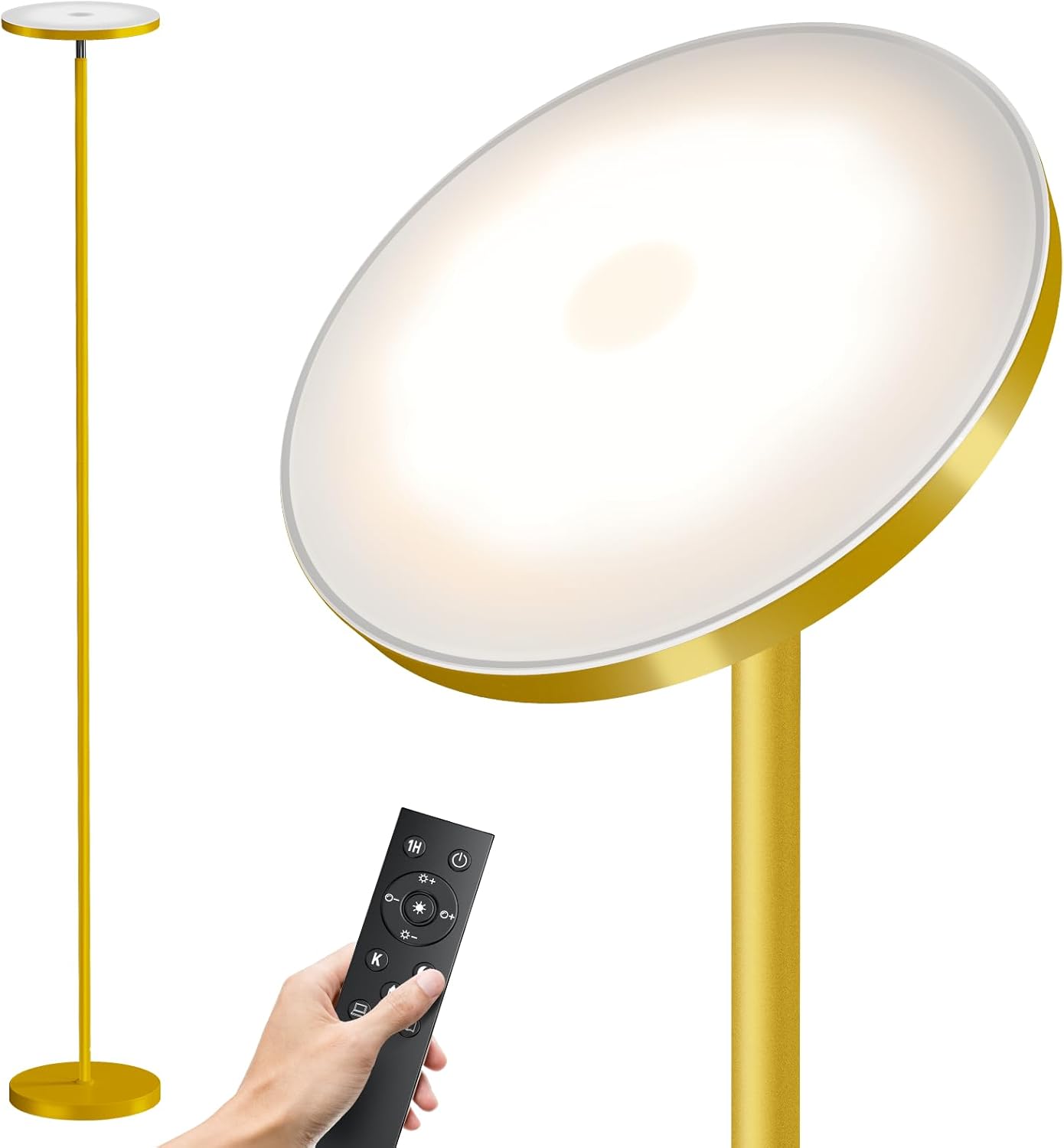 SUNMORY Floor Lamps for Living Room, 32W/3000LM Super Bright LED Floor Lamp with Remote Control, 69" Tall Standing Lamp with Stepless Dimmable, Modern Torchiere Corner Lamp for Bedroom, Office - Grand Goldman