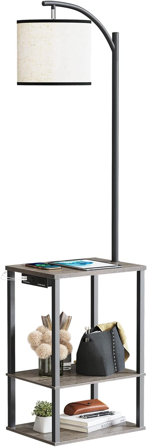 SUNMORY Rustic End Table Lamp with Table, Shelves, Charging Station(USB & AC Port) 3-Color Temperature LED Bulb For Floor, Living Room &, Bedroom(Brown) - Grand Goldman