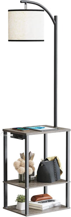 SUNMORY Rustic End Table Lamp with Table, Shelves, Charging Station(USB & AC Port) 3-Color Temperature LED Bulb For Floor, Living Room &, Bedroom(Brown) - Grand Goldman