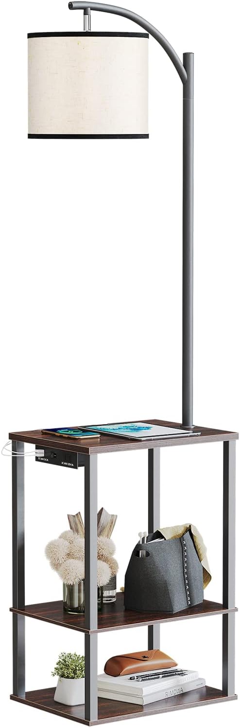 SUNMORY Rustic End Table Lamp with Table, Shelves, Charging Station(USB & AC Port) 3-Color Temperature LED Bulb For Floor, Living Room &, Bedroom(Brown) - Grand Goldman