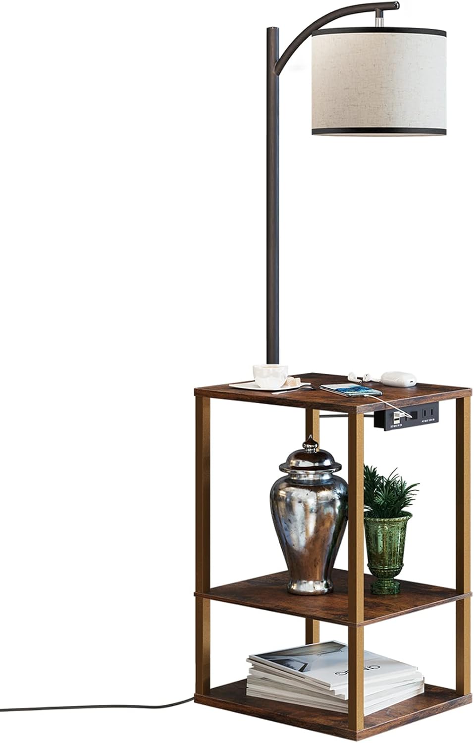 SUNMORY Rustic End Table Lamp with Table, Shelves, Charging Station(USB & AC Port) 3-Color Temperature LED Bulb For Floor, Living Room &, Bedroom(Brown) - Grand Goldman
