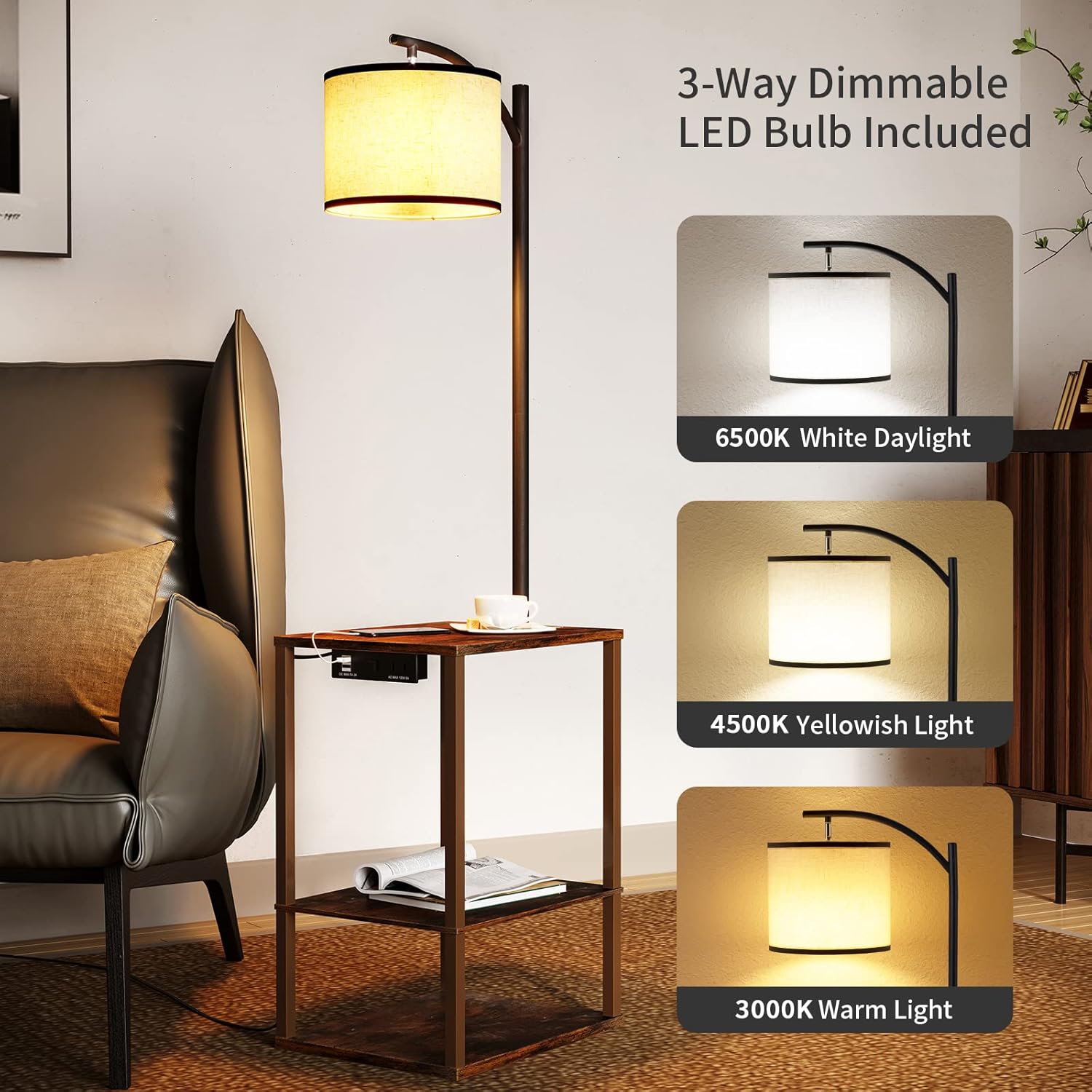 SUNMORY Rustic End Table Lamp with Table, Shelves, Charging Station(USB & AC Port) 3-Color Temperature LED Bulb For Floor, Living Room &, Bedroom(Brown) - Grand Goldman