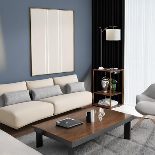 SUNMORY Rustic End Table Lamp with Table, Shelves, Charging Station(USB & AC Port) 3-Color Temperature LED Bulb For Floor, Living Room &, Bedroom(Brown) - Grand Goldman