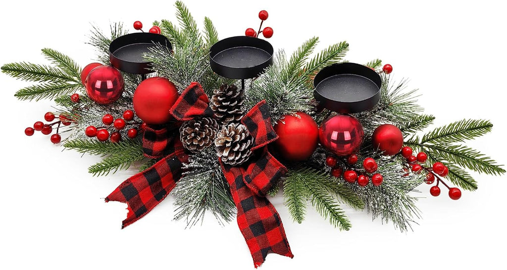 SUNNYPARK Christmas Table Centerpieces Decorations, 27.5 Inch Designed with Golden Bowknot Baubles Ornaments, Artificial Golden Berries and Pine Cones for Dining Room Table (Red Ball) - Grand Goldman