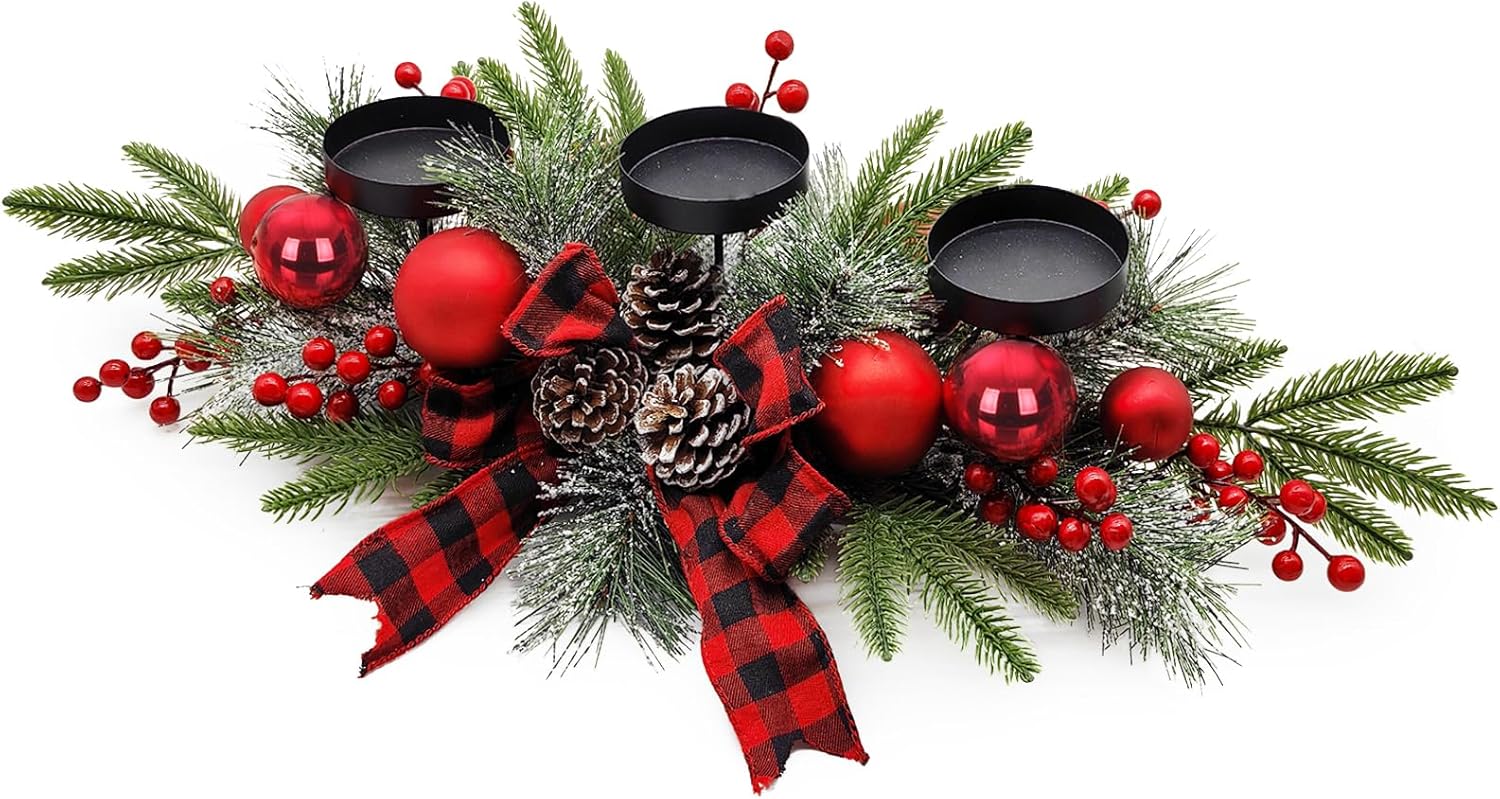 SUNNYPARK Christmas Table Centerpieces Decorations, 27.5 Inch Designed with Golden Bowknot Baubles Ornaments, Artificial Golden Berries and Pine Cones for Dining Room Table (Red Ball) - Grand Goldman