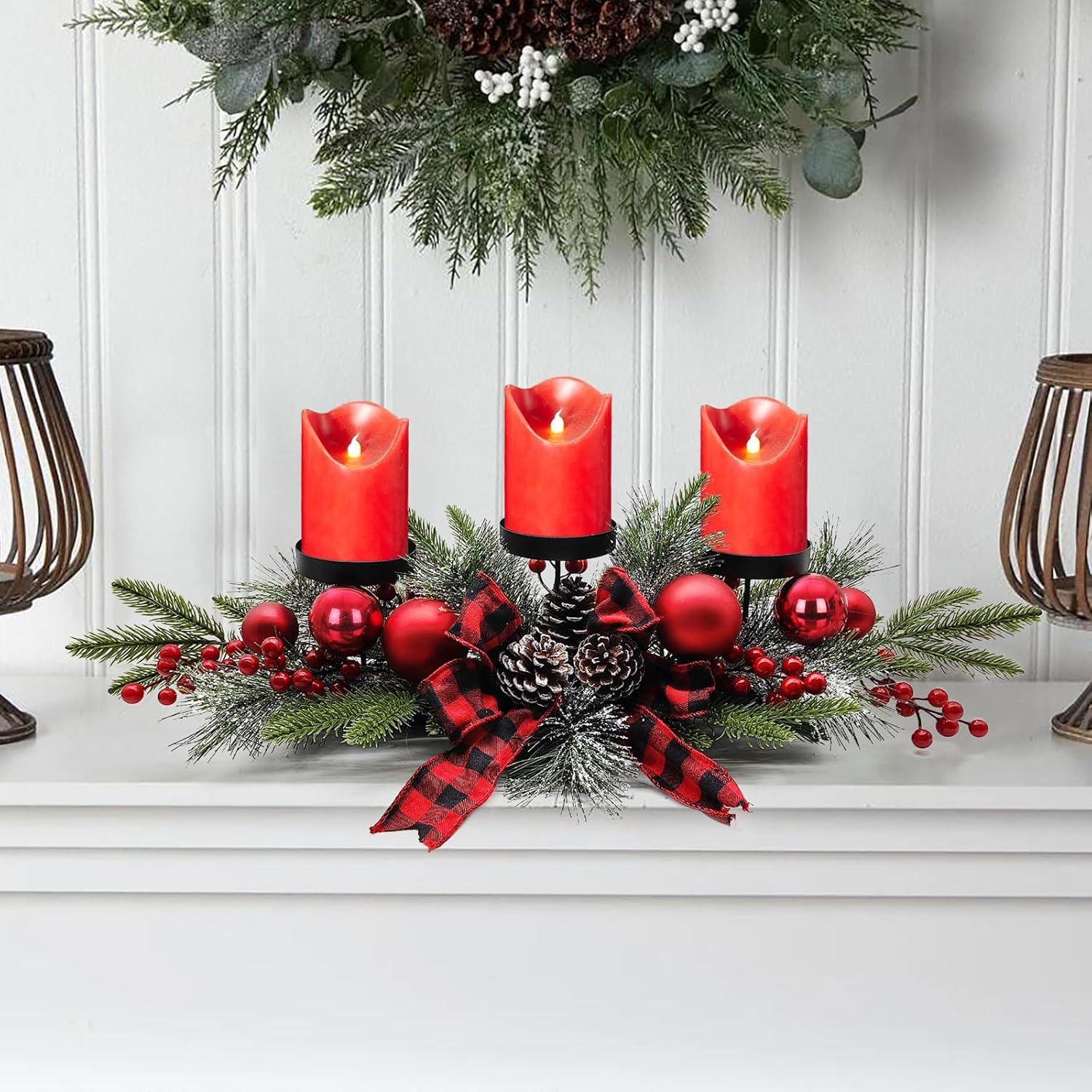 SUNNYPARK Christmas Table Centerpieces Decorations, 27.5 Inch Designed with Golden Bowknot Baubles Ornaments, Artificial Golden Berries and Pine Cones for Dining Room Table (Red Ball) - Grand Goldman