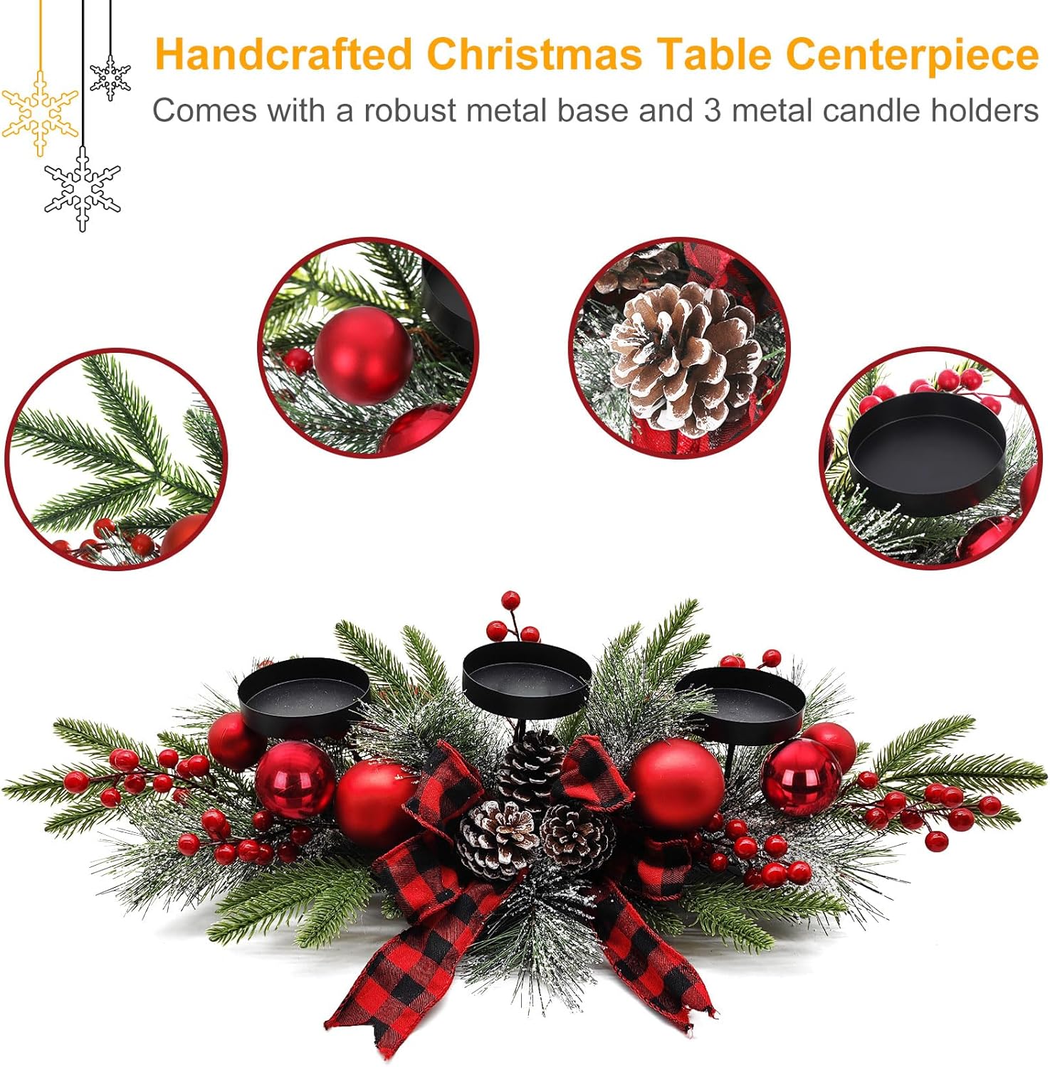 SUNNYPARK Christmas Table Centerpieces Decorations, 27.5 Inch Designed with Golden Bowknot Baubles Ornaments, Artificial Golden Berries and Pine Cones for Dining Room Table (Red Ball) - Grand Goldman