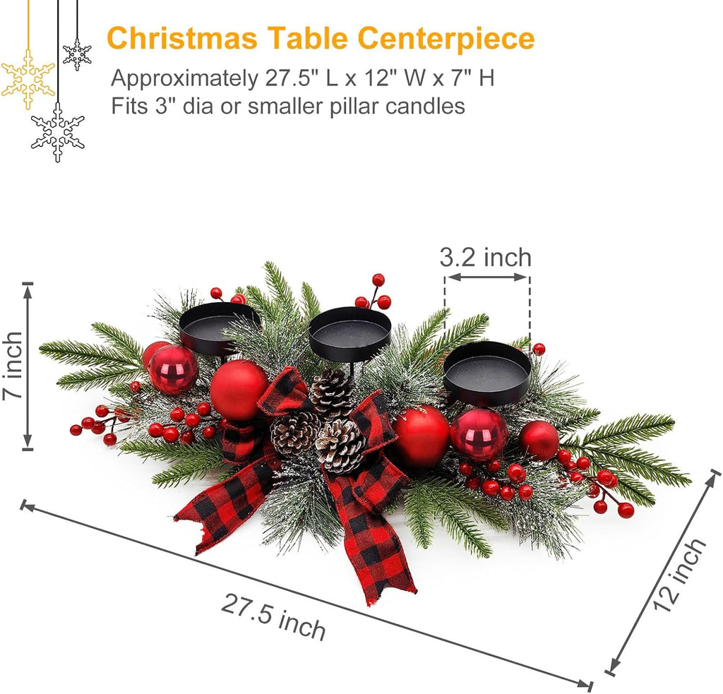 SUNNYPARK Christmas Table Centerpieces Decorations, 27.5 Inch Designed with Golden Bowknot Baubles Ornaments, Artificial Golden Berries and Pine Cones for Dining Room Table (Red Ball) - Grand Goldman