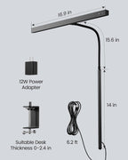 SUPERDANNY LED Desk Lamp for Office Home, Eye-Caring Desk Light with Adjustable Gooseneck, 12W Touch Control Dimmable Brightness, Architect Clamp Lamp with USB Adapter for Reading Study Workbench - Grand Goldman