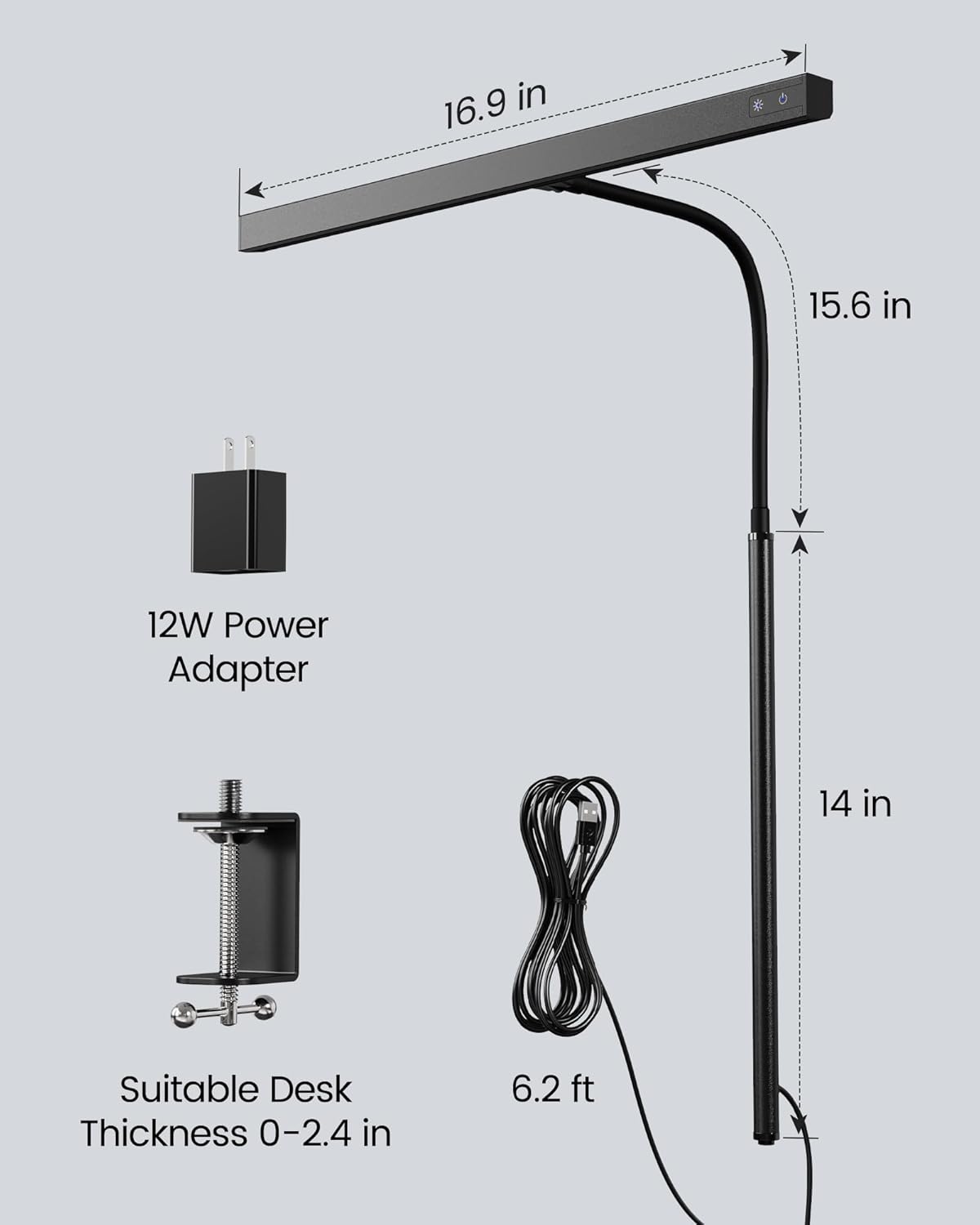 SUPERDANNY LED Desk Lamp for Office Home, Eye-Caring Desk Light with Adjustable Gooseneck, 12W Touch Control Dimmable Brightness, Architect Clamp Lamp with USB Adapter for Reading Study Workbench - Grand Goldman
