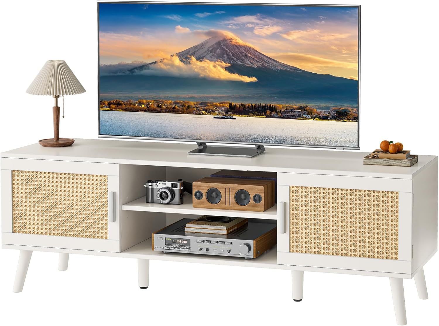 SUPERJARE Boho TV Stand for 65 Inch TV, Entertainment Center with Adjustable Shelf, Rattan TV Console with 2 Cabinets, Media Console, Solid Wood Feet, 4 Cord Holes, for Living Room - Natural - Grand Goldman