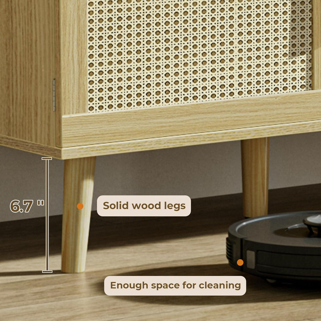 SUPERJARE Boho TV Stand for 65 Inch TV, Entertainment Center with Adjustable Shelf, Rattan TV Console with 2 Cabinets, Media Console, Solid Wood Feet, 4 Cord Holes, for Living Room - Natural - Grand Goldman