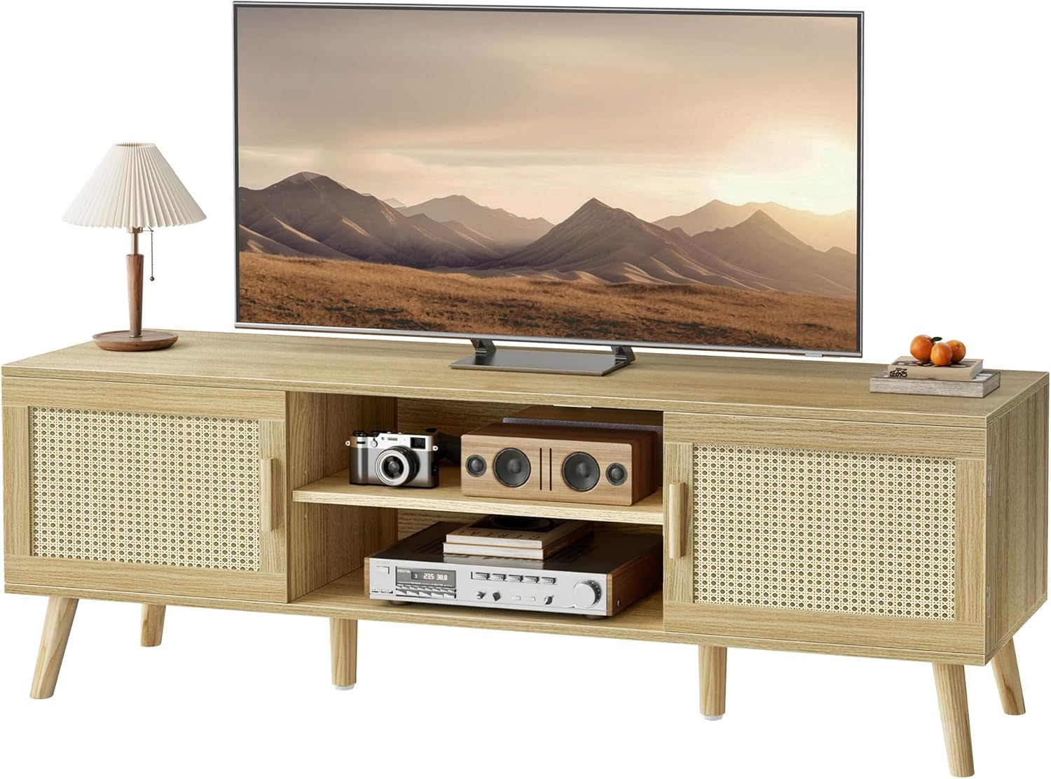 SUPERJARE Boho TV Stand for 65 Inch TV, Entertainment Center with Adjustable Shelf, Rattan TV Console with 2 Cabinets, Media Console, Solid Wood Feet, 4 Cord Holes, for Living Room - Natural - Grand Goldman