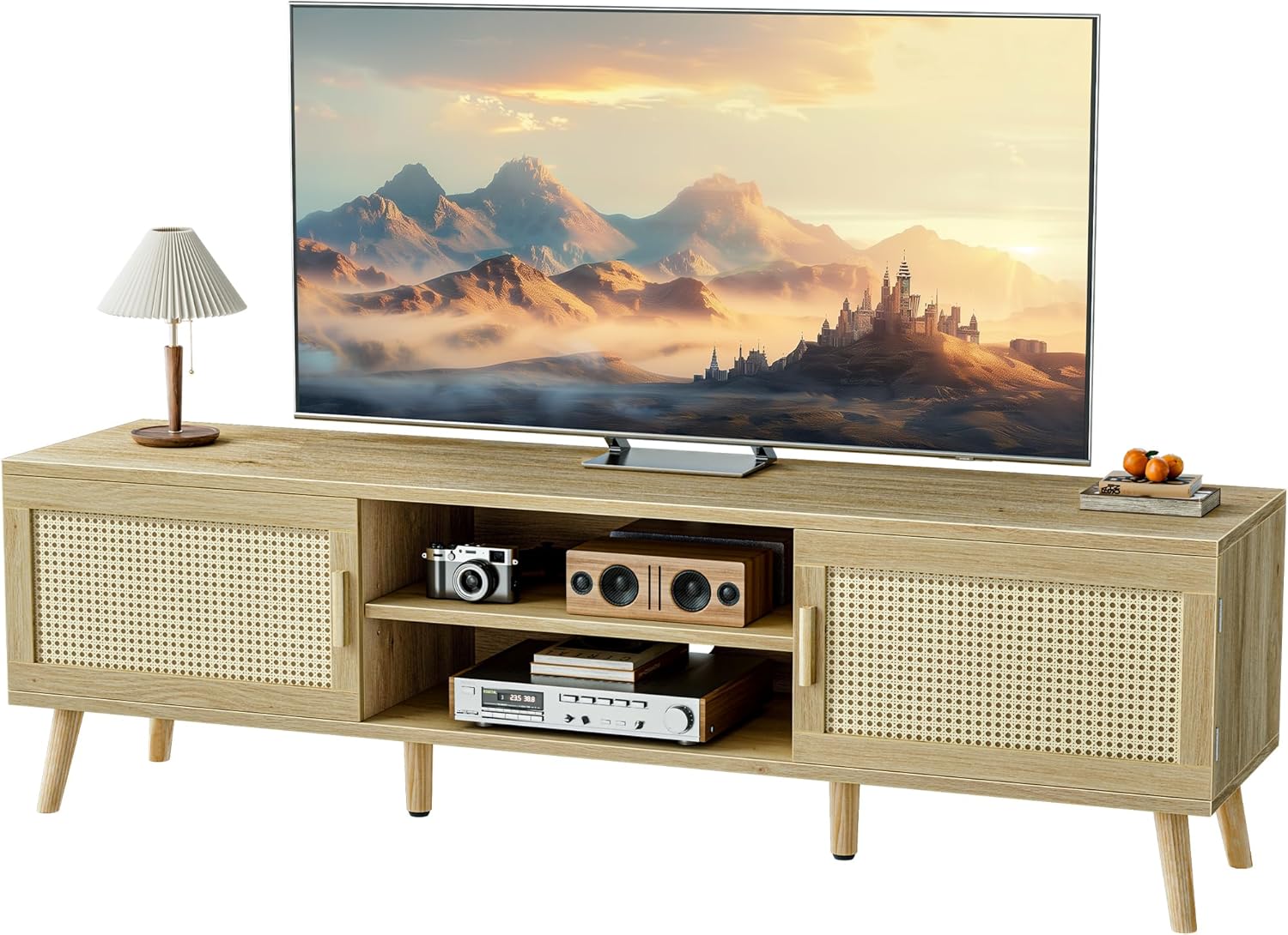 SUPERJARE Boho TV Stand for 65 Inch TV, Entertainment Center with Adjustable Shelf, Rattan TV Console with 2 Cabinets, Media Console, Solid Wood Feet, 4 Cord Holes, for Living Room - Natural - Grand Goldman