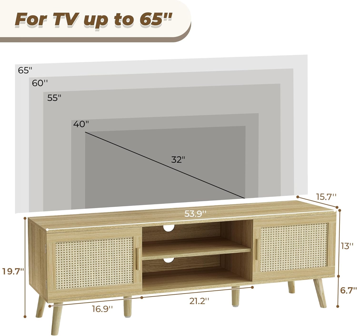 SUPERJARE Boho TV Stand for 65 Inch TV, Entertainment Center with Adjustable Shelf, Rattan TV Console with 2 Cabinets, Media Console, Solid Wood Feet, 4 Cord Holes, for Living Room - Natural - Grand Goldman