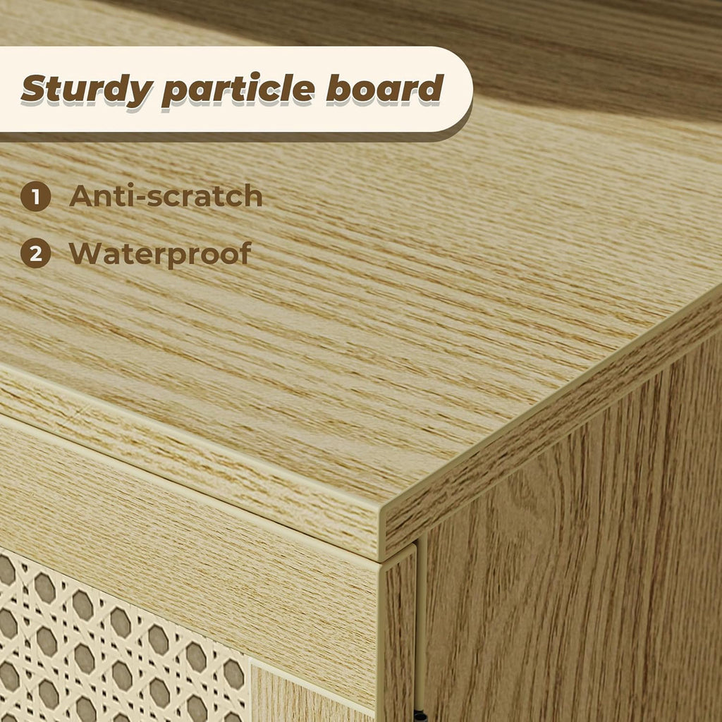 SUPERJARE Boho TV Stand for 65 Inch TV, Entertainment Center with Adjustable Shelf, Rattan TV Console with 2 Cabinets, Media Console, Solid Wood Feet, 4 Cord Holes, for Living Room - Natural - Grand Goldman