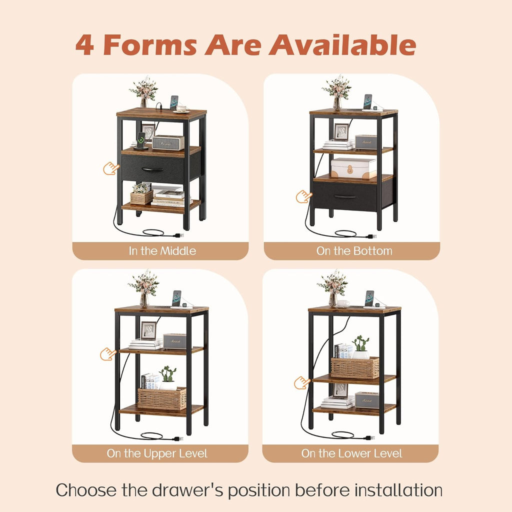 SUPERJARE Nightstand with Charging Station, Bed Side Table with Adjustable Fabric Drawer, Night Stand for Bedroom, 3-Tier Storage End Table, for Living Room, Rustic Brown and Black - Grand Goldman