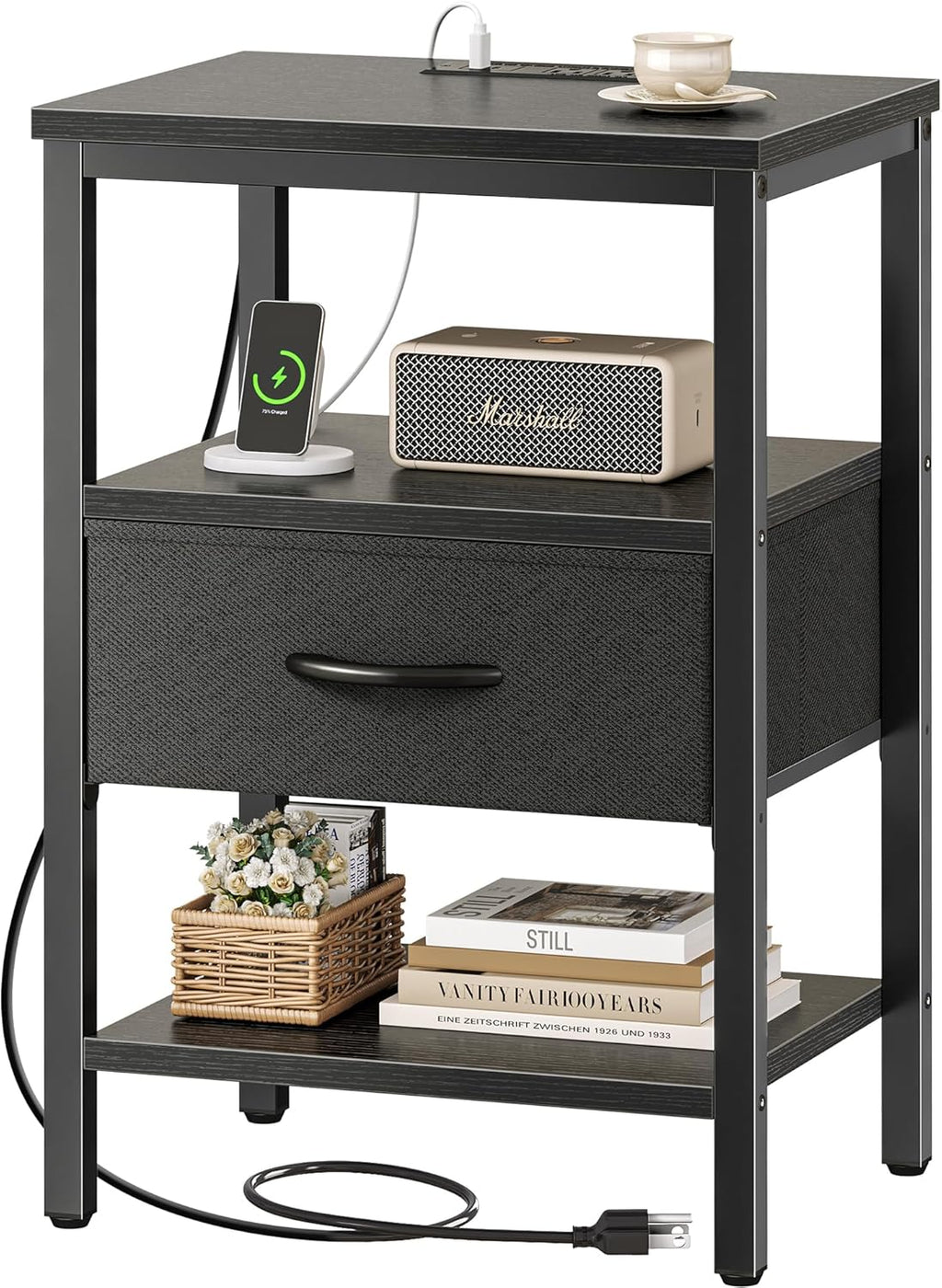 SUPERJARE Nightstand with Charging Station, Bed Side Table with Adjustable Fabric Drawer, Night Stand for Bedroom, 3-Tier Storage End Table, for Living Room, Rustic Brown and Black - Grand Goldman