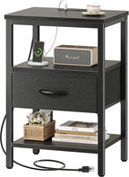 SUPERJARE Nightstand with Charging Station, Bed Side Table with Adjustable Fabric Drawer, Night Stand for Bedroom, 3-Tier Storage End Table, for Living Room, Rustic Brown and Black - Grand Goldman