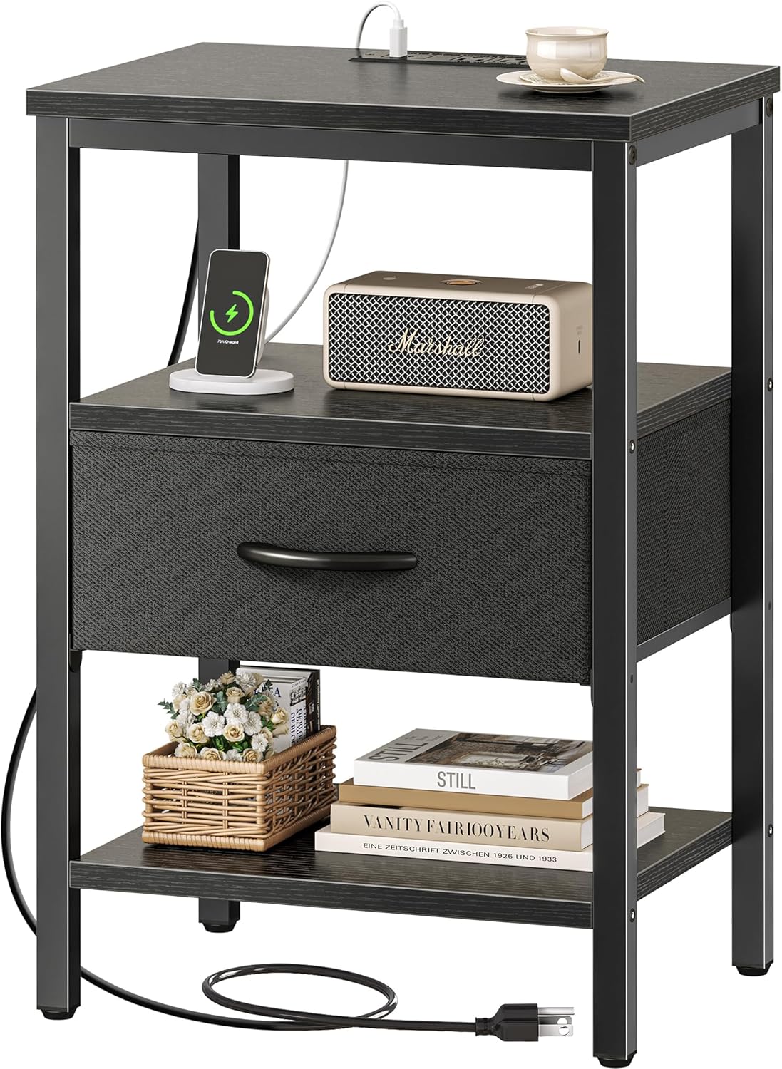 SUPERJARE Nightstand with Charging Station, Bed Side Table with Adjustable Fabric Drawer, Night Stand for Bedroom, 3-Tier Storage End Table, for Living Room, Rustic Brown and Black - Grand Goldman